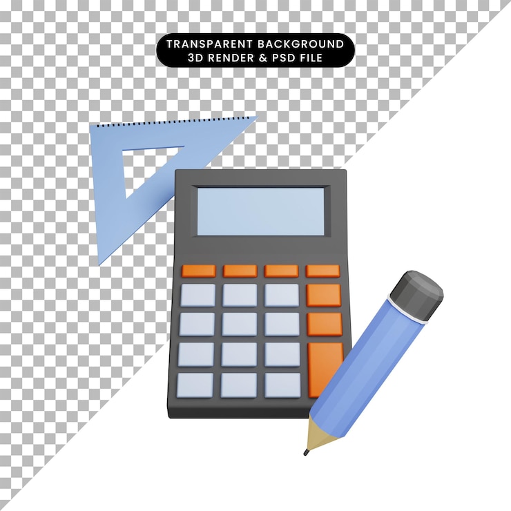 PSD ilustración 3d de calculadora de objetos simples con lápiz y regla