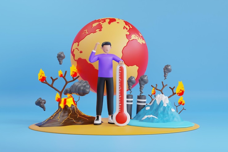 PSD ilustración 3d del calentamiento global la contaminación del medio ambiente el calentamiento global el impacto del aumento de la temperatura