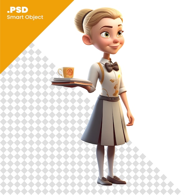 PSD ilustración 3d de una camarera linda con una taza de café plantilla psd