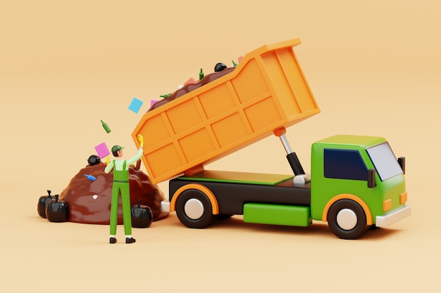 Ilustración en 3D de un camión que descarga residuos directamente en vertederos