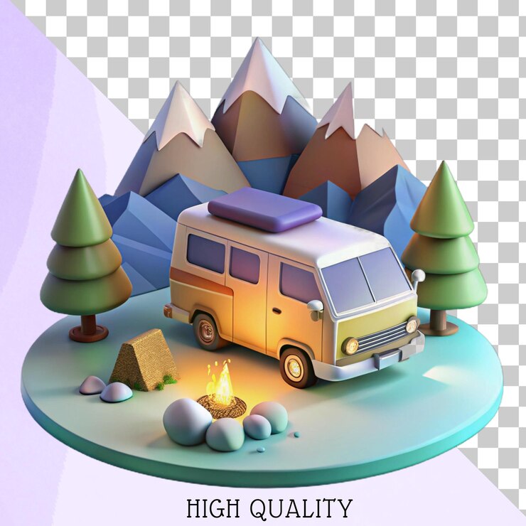 PSD ilustración 3d de una camioneta estacionada en un campamento de montaña con una fogata