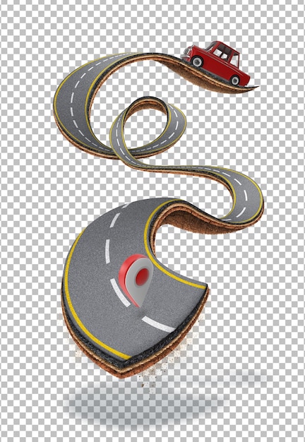 Ilustración 3D de una carretera flotante con un coche y un icono de ubicación en el diseño realista de una autopista voladora