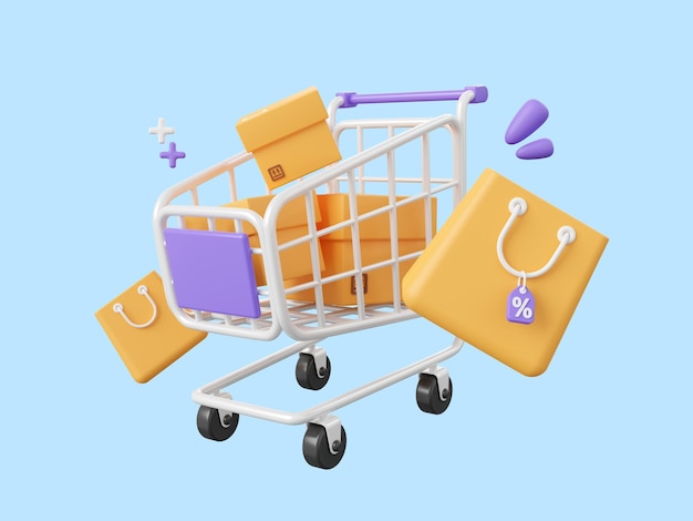 Ilustración 3d de carrito de compras con caja de paquetes y bolsas de compras con etiqueta de descuento