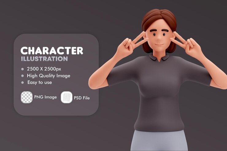 PSD ilustración 3d de cartoon girl show peace suspiro con ambas manos