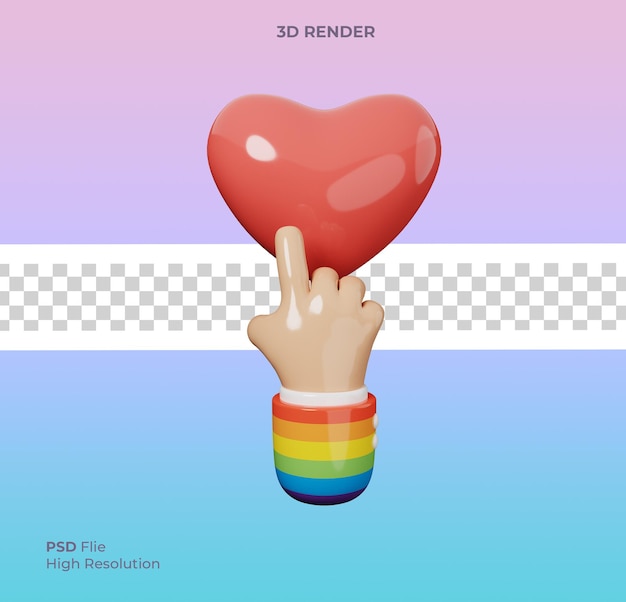 PSD ilustración 3d de cartoon hands touch en red heart lgbt pride month icon