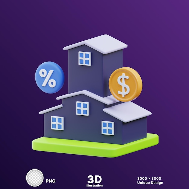 Ilustración 3D de casa dulce con icono de dólar y porcentaje en un fondo transparente