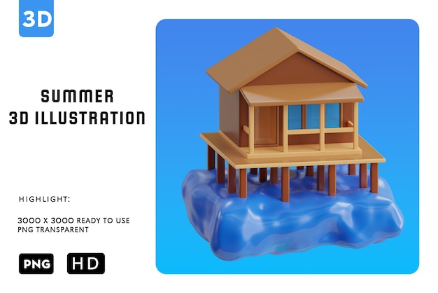 PSD ilustración 3d de la casa de la playa de psd