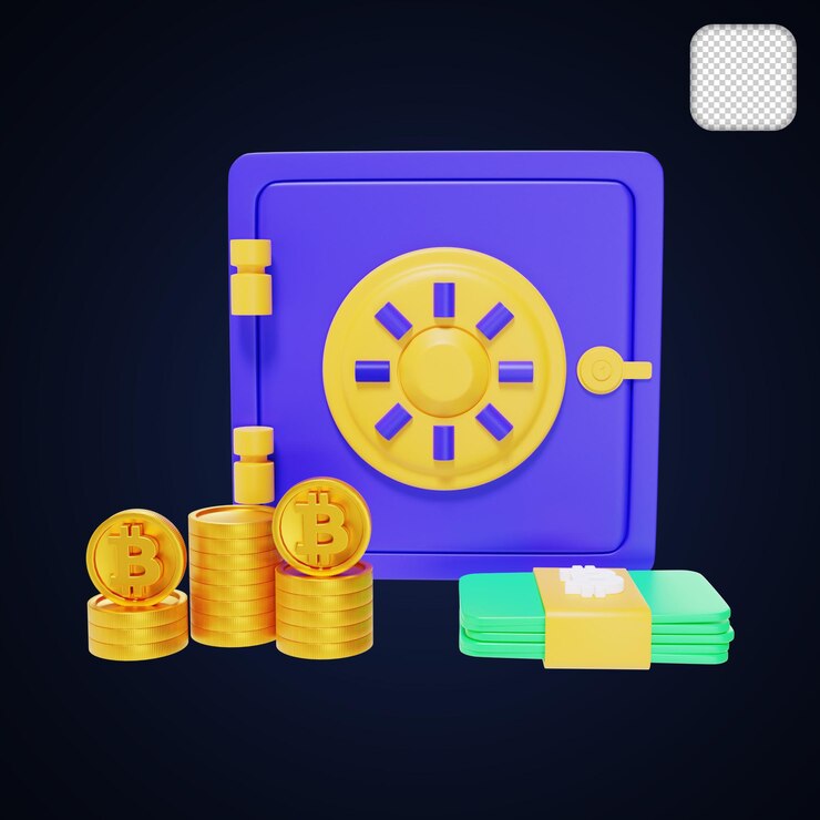 PSD ilustración 3d del casillero de dinero seguro de bitcoin