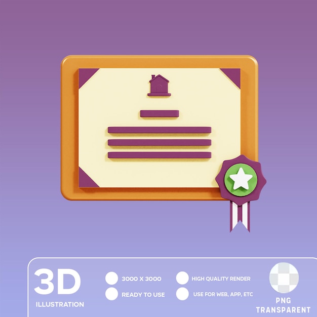 Ilustración 3d del certificado de propiedad de psd