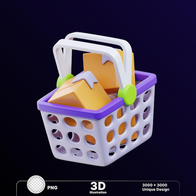 Ilustración 3D de una cesta de compras de plástico con cajas de entrega en el interior en un fondo transparente