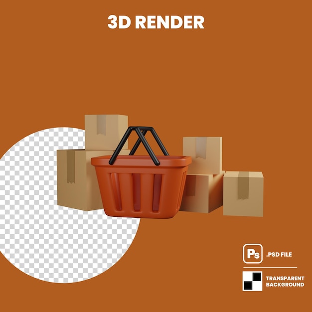 Ilustración 3d cesta de plástico y una pila de caja de paquetería