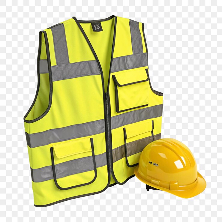 PSD ilustración 3d del chaleco de seguridad y el casco aislados sobre un fondo transparente