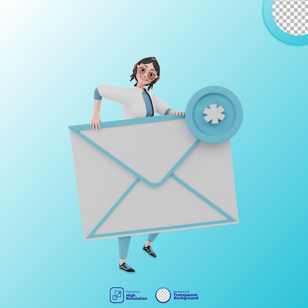 PSD ilustración 3d de chica con correo electrónico