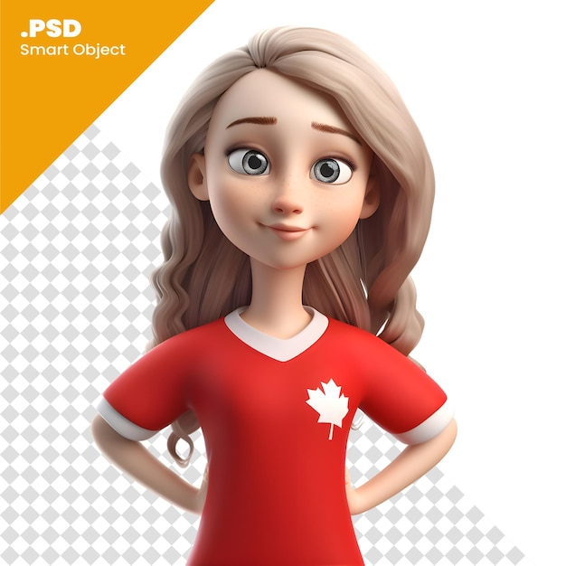 PSD ilustración en 3d de una chica de dibujos animados con una camiseta de la bandera de canadá plantilla psd