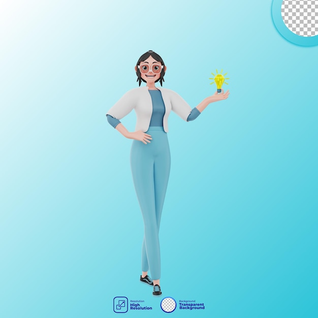 PSD ilustración 3d de chica con idea de lámpara