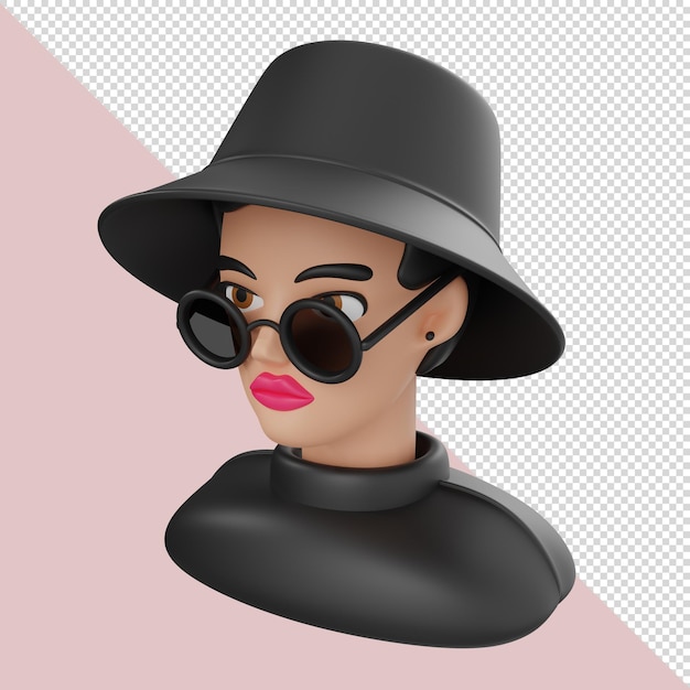 Ilustración 3d de una chica con un sombrero de cubo negro y gafas de sol