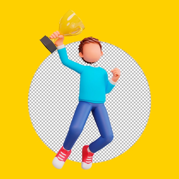 Ilustración 3d chico lindo salto feliz sosteniendo un trofeo