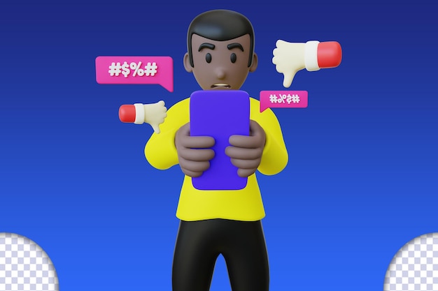 Ilustración 3d de un chico negro leyendo un comentario de odio desde su teléfono