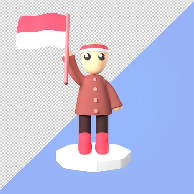 Ilustración 3d de chicos lindos sostienen la bandera de Indonesia para el día de los héroes o pahlawan