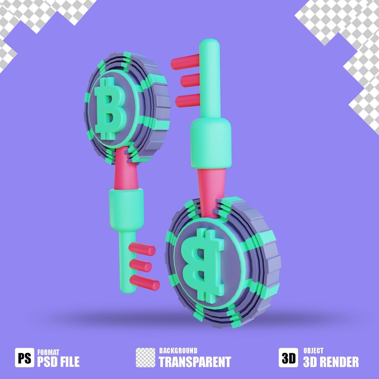 PSD ilustración 3d clave de cifrado de bitcoin 2 adecuada para criptomonedas