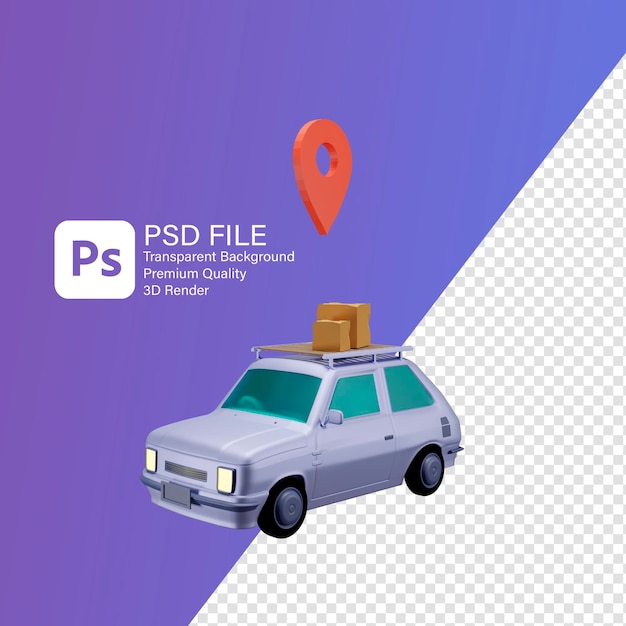 Ilustración 3d del coche de reparto con señal gps para publicación en redes sociales
