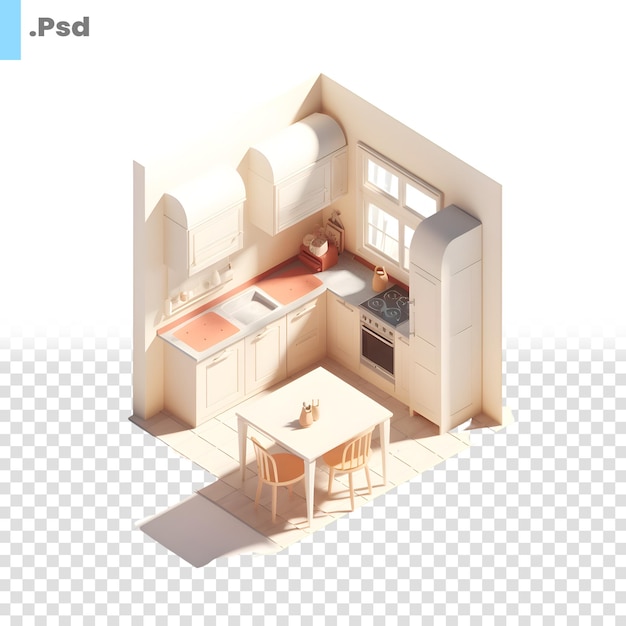 PSD ilustración 3d de una cocina moderna en vista isométrica desde arriba plantilla psd
