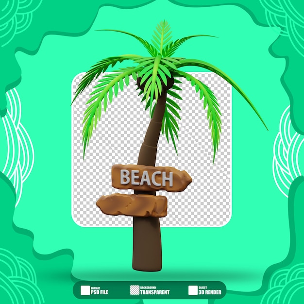 PSD ilustración 3d de cocoteros y direcciones a la playa 3