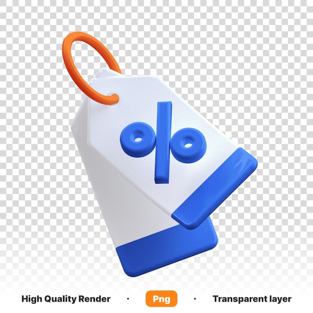 Ilustración 3D del código de cupón de porcentaje de descuento para compras en línea en un fondo transparente