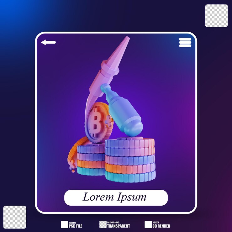 PSD ilustración 3d colorida minería bitcoin 3