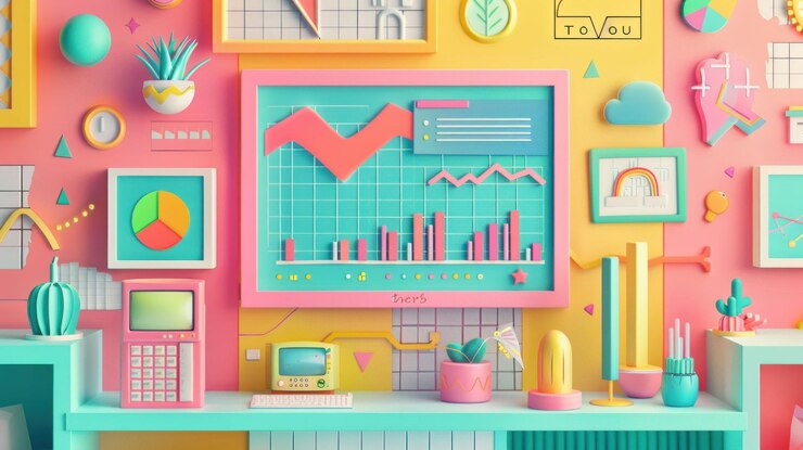 PSD una ilustración 3d colorida y moderna de un escritorio con un monitor de computadora que muestra gráficos y gráficos rodeados de varias formas geométricas coloridas y objetos