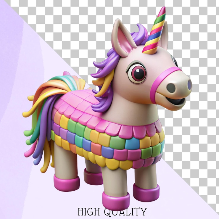 PSD ilustración 3d de una colorida piata de unicornio con cabello de arco iris y un cuerno rosa