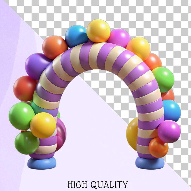 PSD ilustración 3d de un colorido arco a rayas con globos