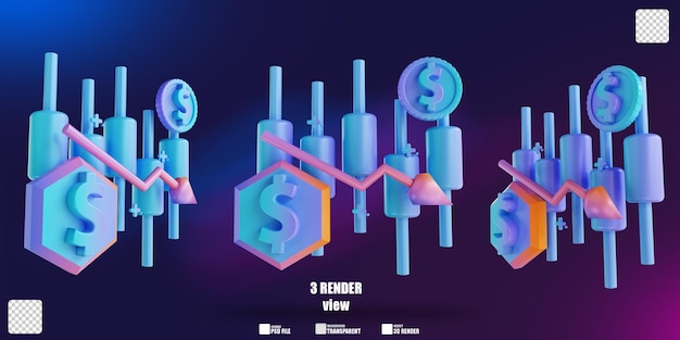 Ilustración 3D colorido gráfico de velas de dinero hacia abajo