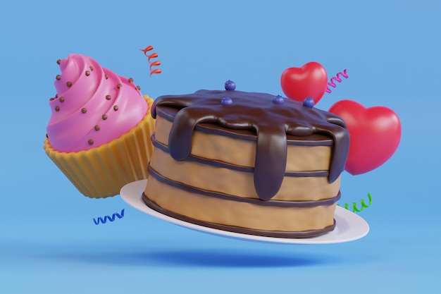 PSD ilustración 3d de comida dulce cupcake de pastel con corazones ilustración de cupcake de pasteles