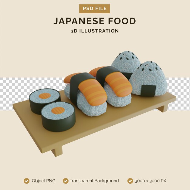 Ilustración 3D de comida japonesa