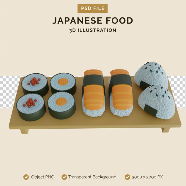 Ilustración 3D de comida japonesa