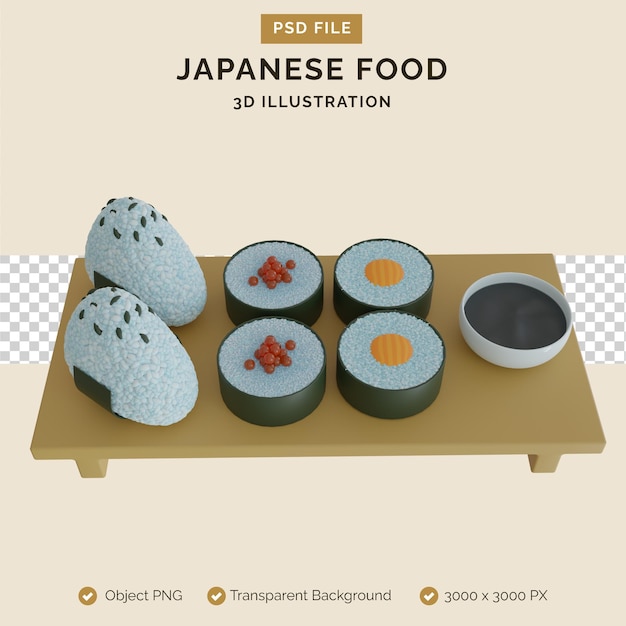 Ilustración 3D de comida japonesa