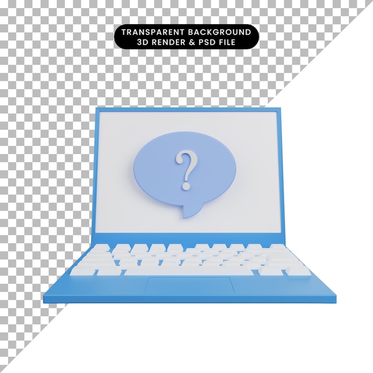 PSD ilustración 3d de computadora portátil con icono simple con burbuja de chat y signo de interrogación