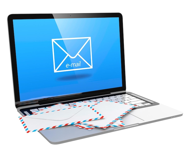 PSD ilustración 3d de una computadora portátil moderna con símbolo de correo electrónico en la pantalla y letra en el teclado aislado en un fondo transparente