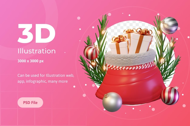 Ilustración 3D, concepto, bolsa de regalo, Papá Noel, uso para web, infografía, impresión, etc.