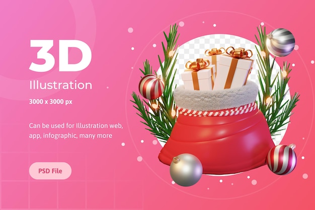 PSD ilustración 3d, concepto, bolsa de regalo, papá noel, uso para web, infografía, impresión, etc.