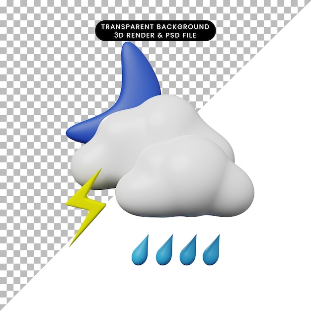 Ilustración 3d del concepto de clima de icono simple lluvia nocturna con truenos