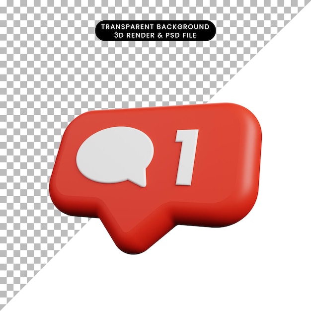 Ilustración 3d del concepto de notificación de redes sociales comentario de icono ligeramente inclinado