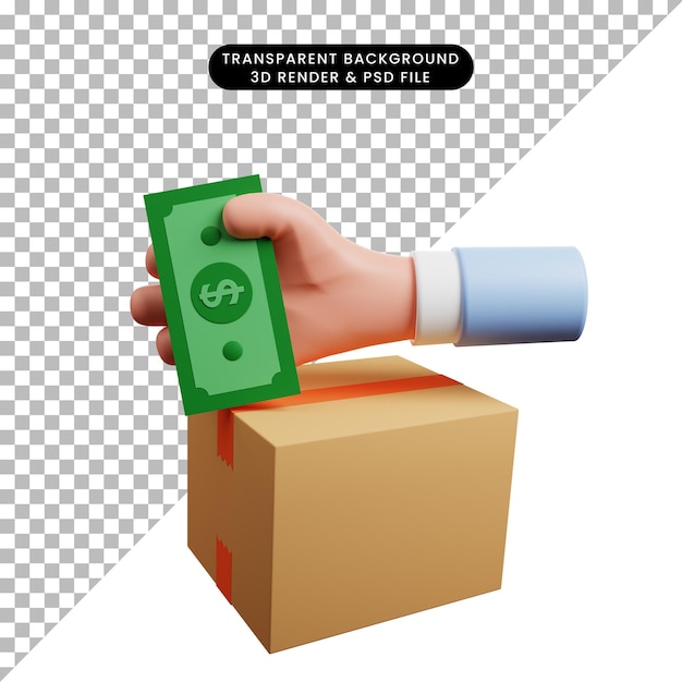 Ilustración 3d del concepto de pago contra reembolso mano, dinero, caja