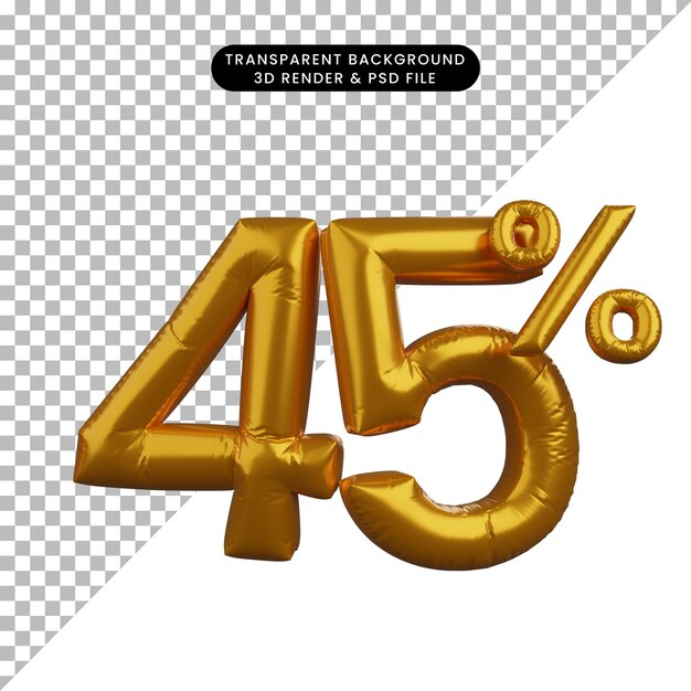 Ilustración 3d del concepto de texto numérico de globo de descuento dorado 45%