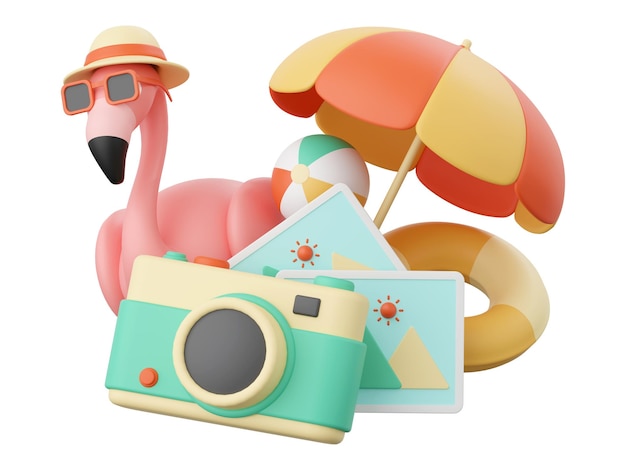 Ilustración 3D del concepto de verano Flamingo con sombrero de playa y gafas de sol con cámara y paraguas