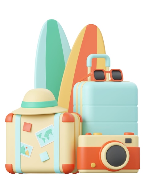 Ilustración 3D del concepto de verano Maleta de equipaje tabla de surf cámara accesorios de playa