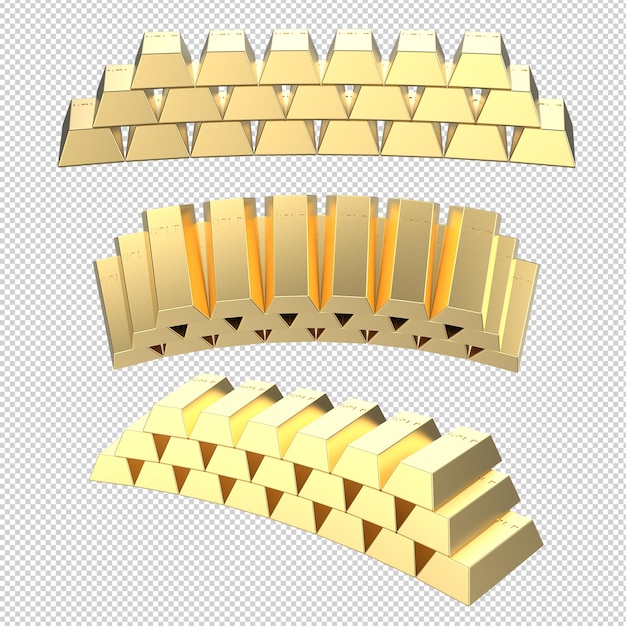 Ilustración 3d de un conjunto de lingotes de oro aislado por dinero