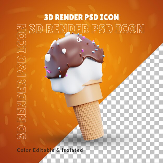 Ilustración 3d de cono de helado de nueces de chocolate 3d o icono de helado de chocolate de cono 3d aislado