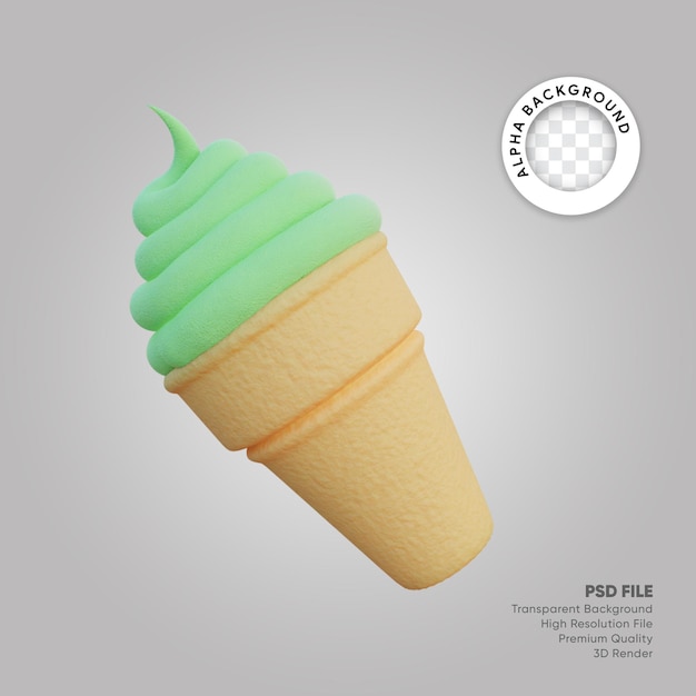 Ilustración 3D de cono de helado de té verde